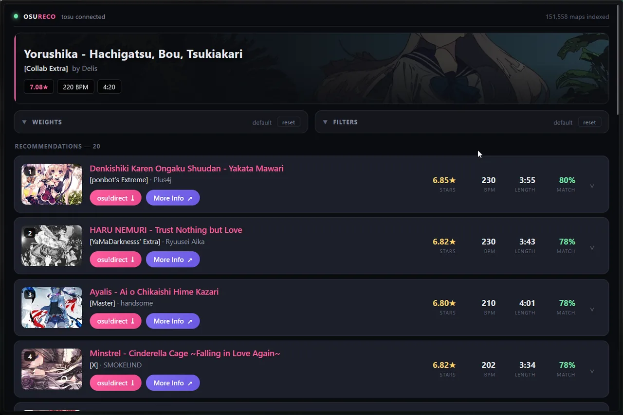 osu!MapMatcher recommendation list, updating live as you browse song select